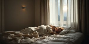 Person sleeping peacefully in a moonlit bedroom.