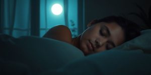 Person sleeping peacefully in a moonlit bedroom.