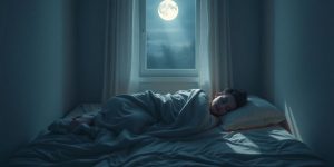 Peaceful sleeping person bathed in soft moonlight.