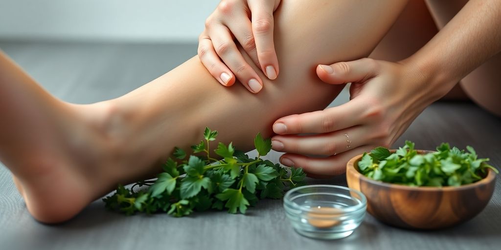 Person stretching knee with herbs nearby.