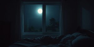 Peaceful bedroom with moonlight and a person sleeping.