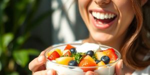 Person enjoying healthy food for gut health.
