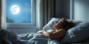 Person sleeping peacefully under a moonlit sky.