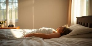 Person sleeping peacefully in a sunlit bedroom.