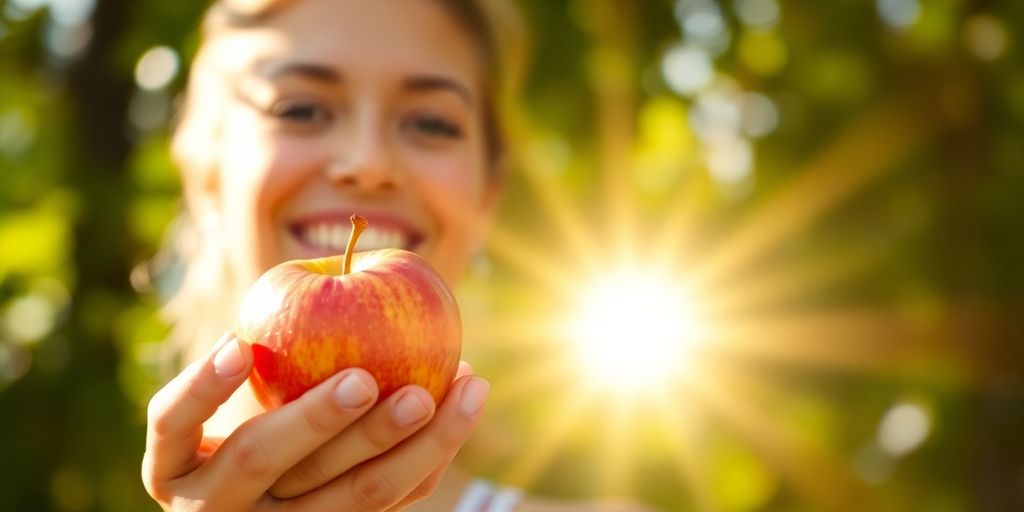 Person smiling while holding an apple.
