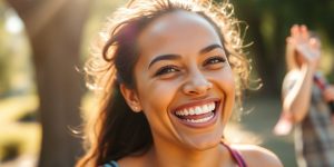 Woman smiling, feeling energetic outdoors.
