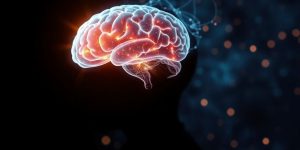 Man concentrating deeply, brain glowing.