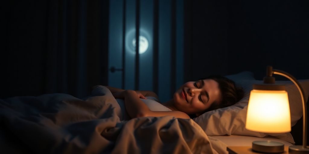 Person sleeping peacefully in a moonlit bedroom.
