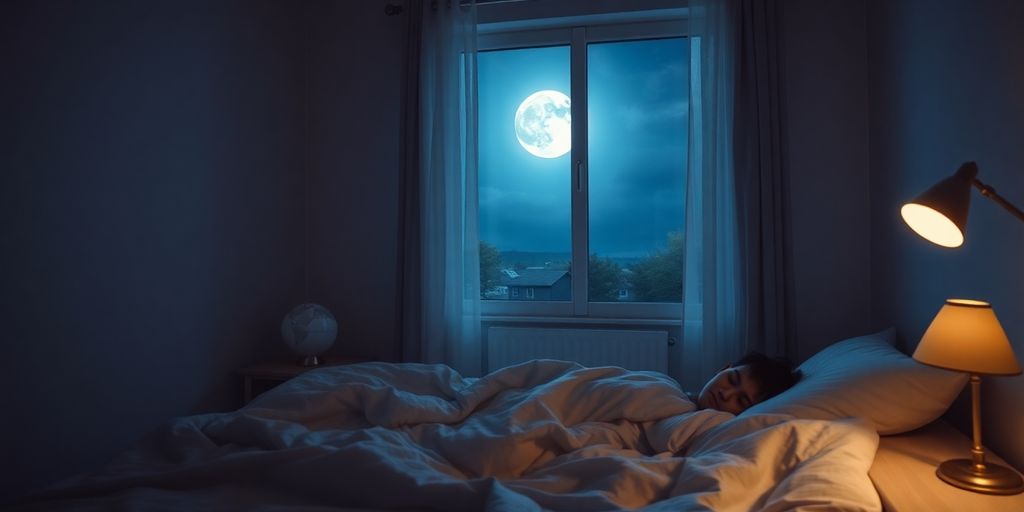 Peaceful bedroom scene with moonlight and serene sleeping person.