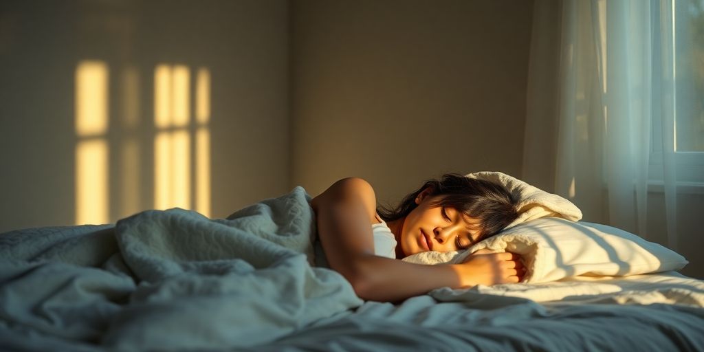 Person sleeping peacefully in a moonlit bedroom.