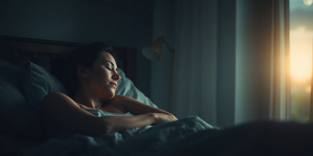Serene woman sleeping peacefully in a dimly lit, comfortable bedroom.
