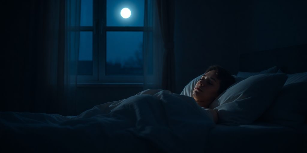 Person sleeping peacefully in a cozy, dimly lit bedroom.