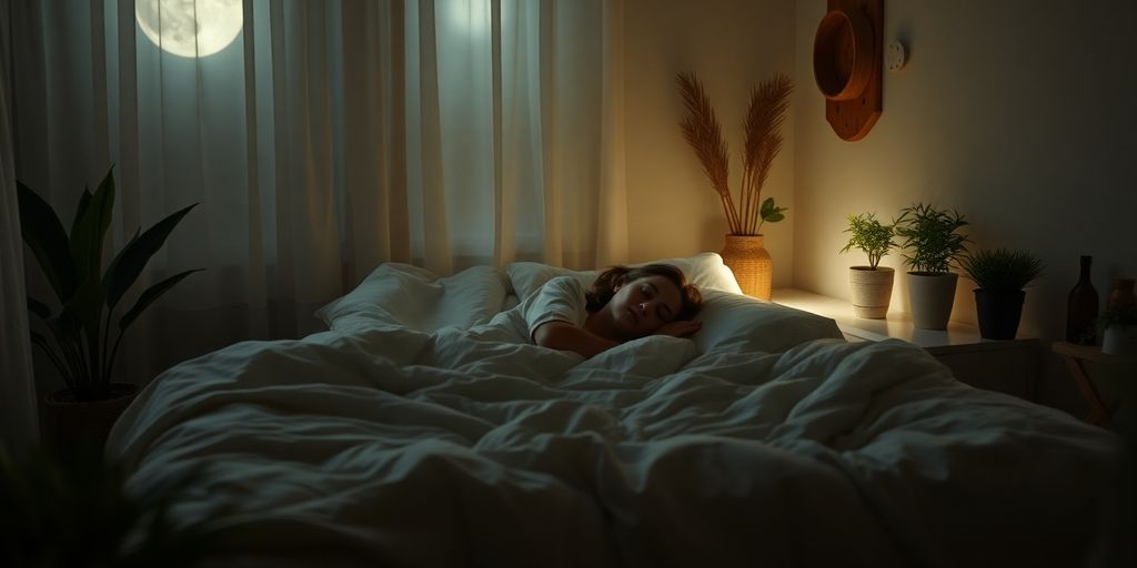 Person peacefully sleeping in a cozy, moonlit bedroom.