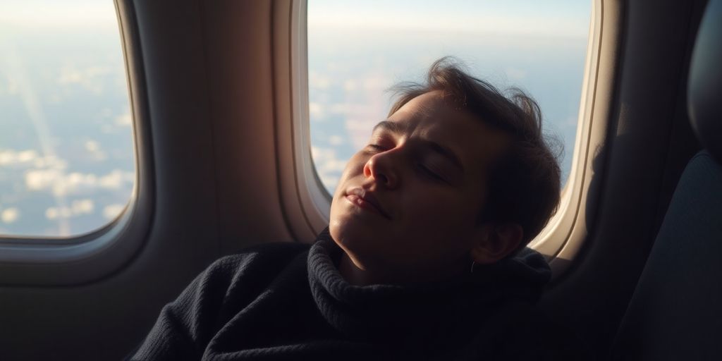 Person sleeping peacefully on an airplane window seat.