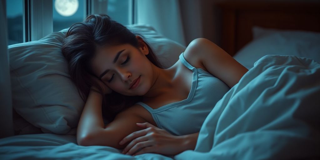 Woman peacefully sleeping in a cozy, moonlit bedroom.
