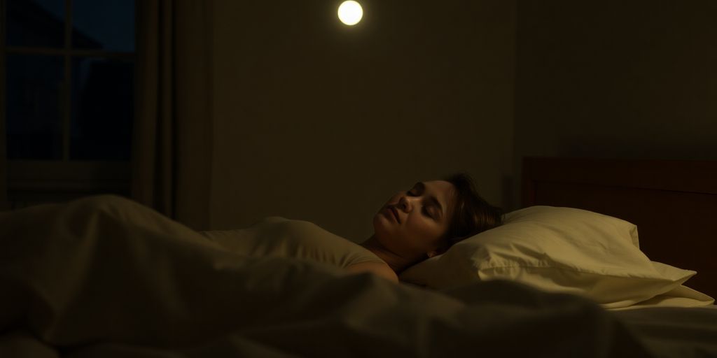 Person sleeping peacefully in a dimly lit bedroom.