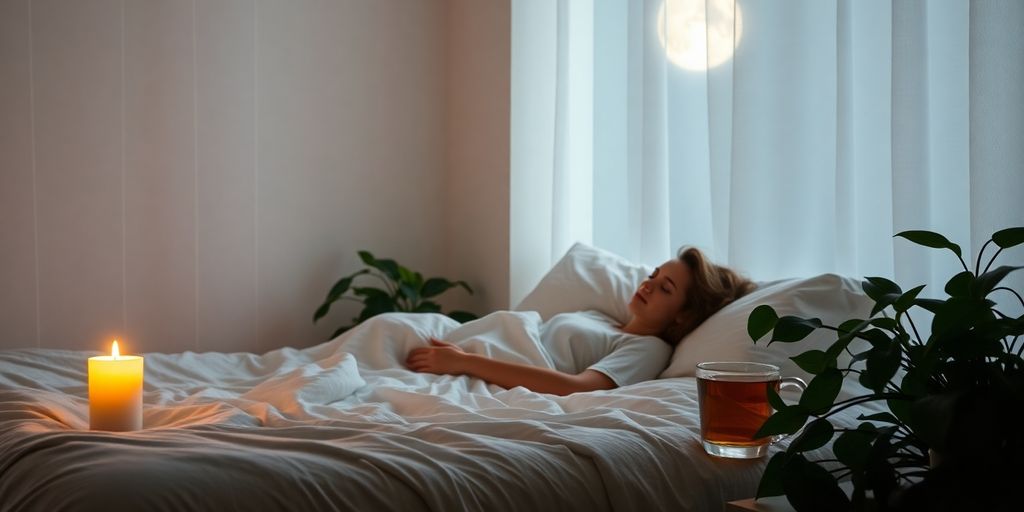 Person sleeping soundly in a moonlit bedroom with calming decor.