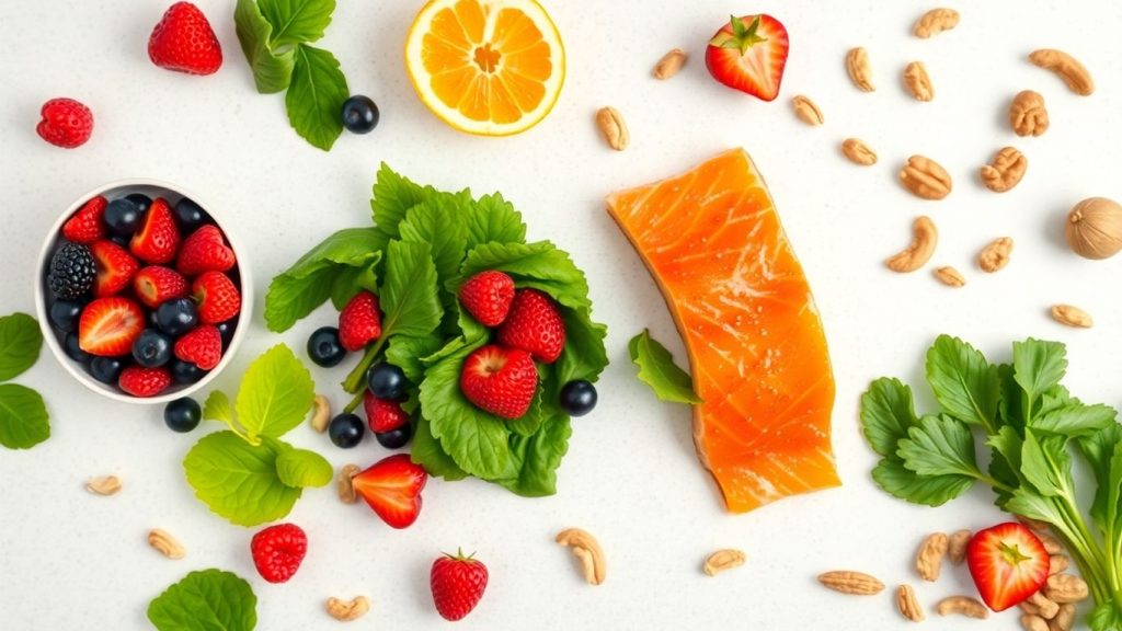 Colorful anti-inflammatory foods arranged attractively.