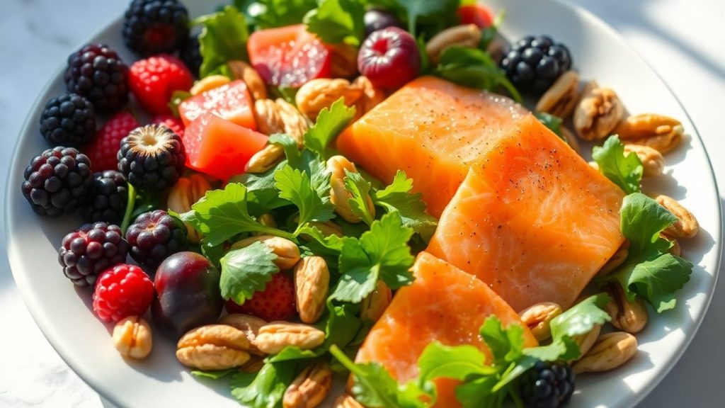 Plate of colorful anti-inflammatory foods with sunlight.