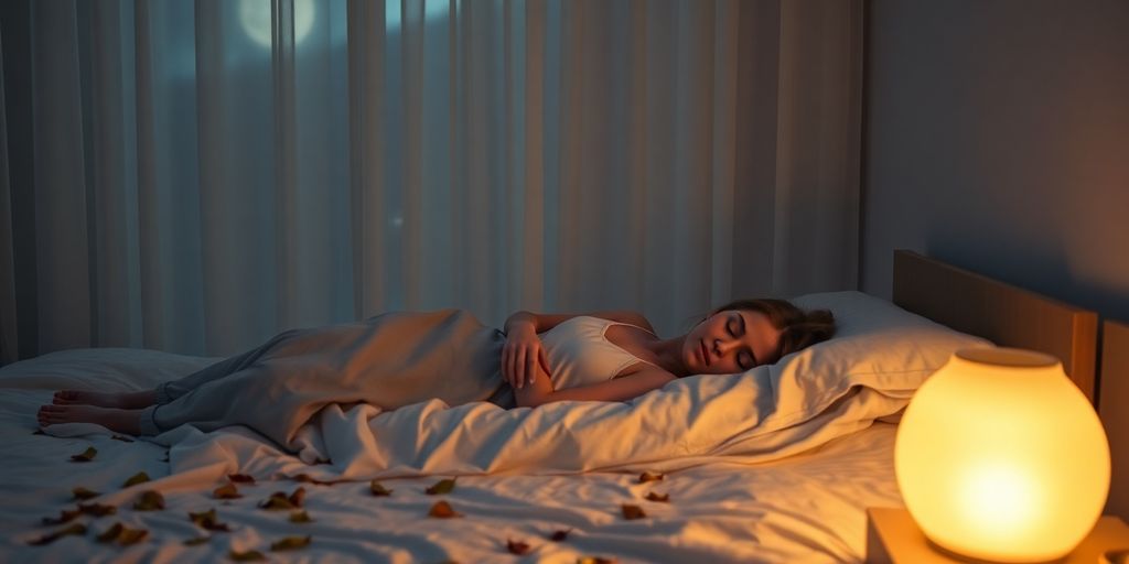 Person sleeping peacefully in a moonlit, natural bedroom.