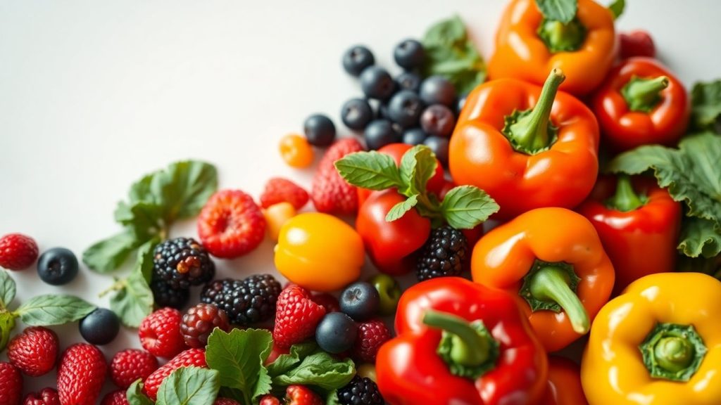 Colorful fruits and vegetables arranged on a white surface.