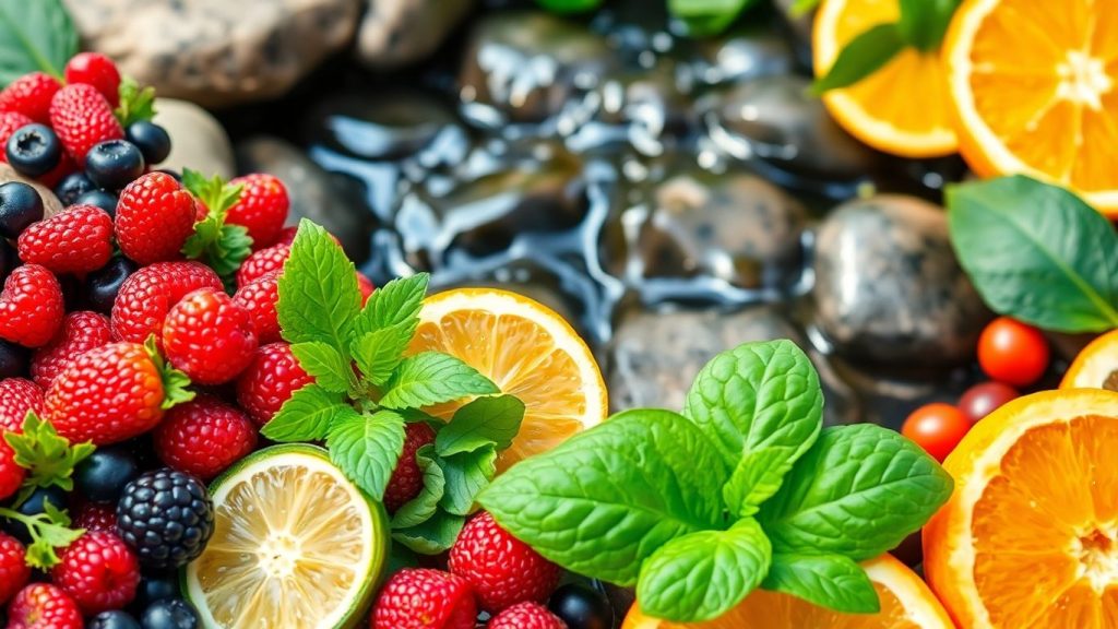 Healthy foods and water for fighting inflammation.
