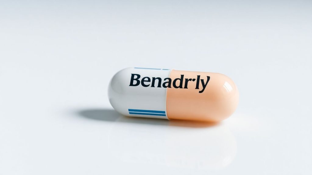 Benadryl capsule on a white surface.