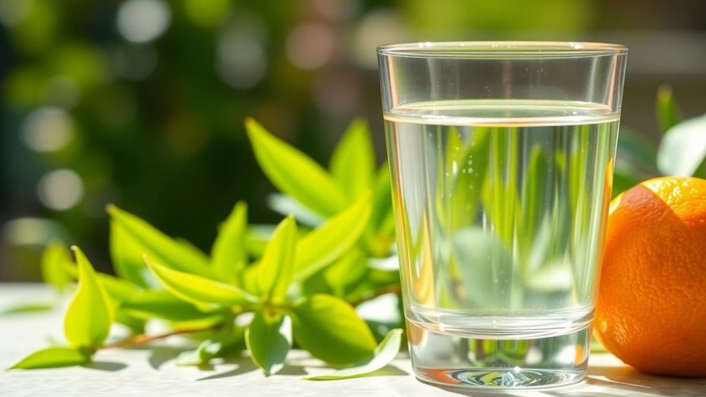 Orange and water with green leaves, natural light.