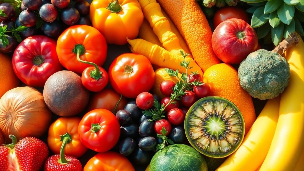 Fresh fruits and vegetables with herbs, bathed in sunlight.