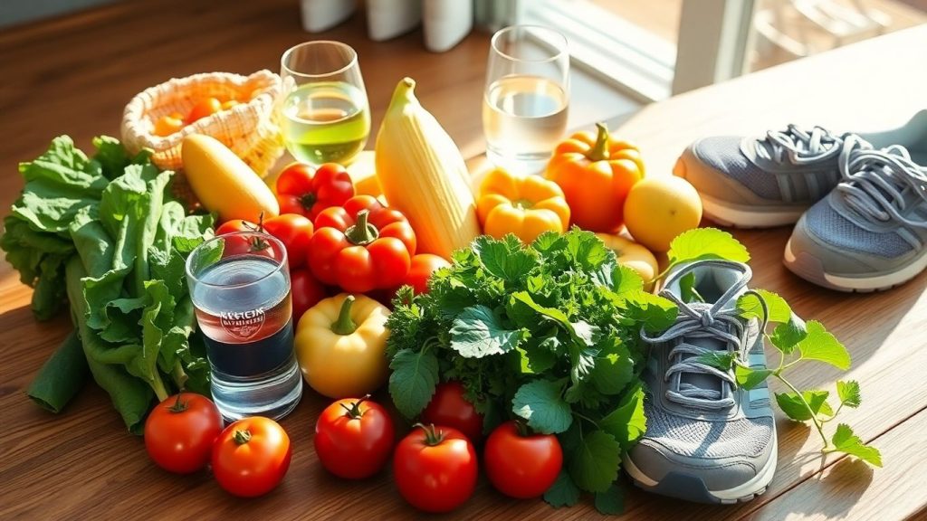 Fresh fruits, vegetables, and water on a table